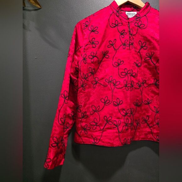 Silk Red Black Enbroidered Jacket Womens Full Zip Asian Inspired Chicos 0 Vtg - Picture 2 of 9